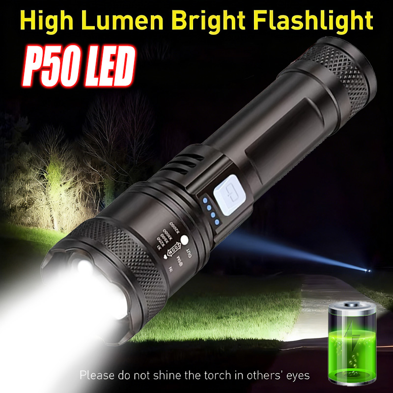 Tactical Flashlight Rechargeable - ไฟฉาย LED กำลังสูง, ไฟฉายยุทธวิธีแบบซูมได้แบบชาร์จไฟได้ผ่าน USB, ไฟฉายสว่างเป็นพิเศษ