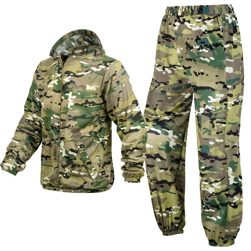 Hunting Outdoor Pants - ชุดลายพรางฤดูร้อนแบบตาข่ายมีฮู้ด ระบายอากาศได้ดี เหมาะสำหรับการฝึกซ้อมกลางแจ้ง ล่าสัตว์ ตกปลา ชุดกันยุงสำหรับทุกเพศทุกวัย