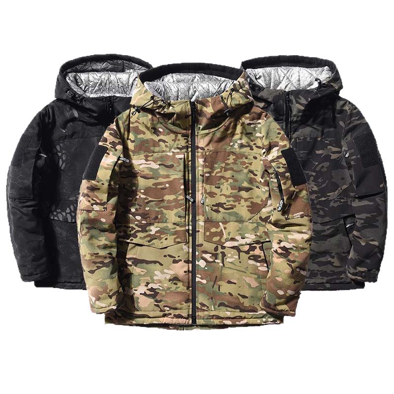 Outdoor Hunting Coat - เสื้อแจ็คเก็ตผู้ชายแบบมีฮู้ดสำหรับฤดูหนาว แบบมีซับใน ลายพราง สำหรับการล่าสัตว์ ออกกำลังกายกลางแจ้ง และเดินป่า