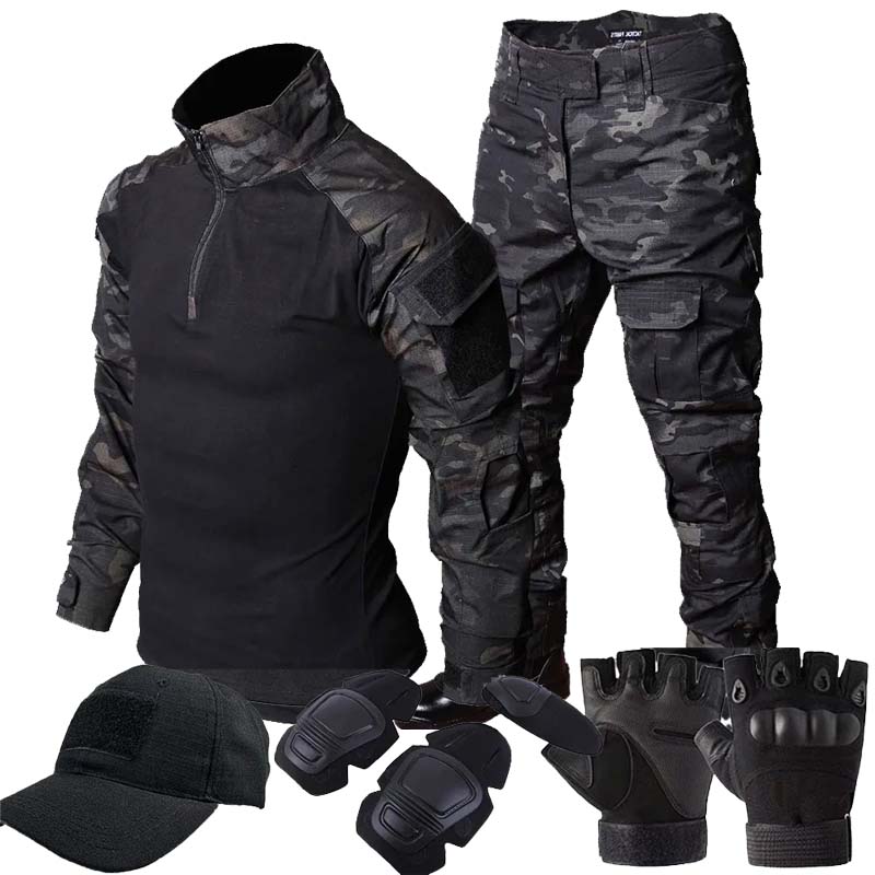 Hunting Outdoor Pants - ชุดยุทธวิธีลายพราง RU ชุดกลางแจ้ง MCBK เสื้อยืดแขนยาว+กางเกงคาร์โก้หลายกระเป๋า ชุดฝึกซ้อมสำหรับผู้ชาย