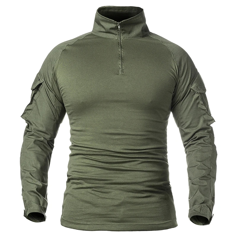 Hunting Outdoor Apparel - เสื้อเชิ้ตแขนยาวลายพรางคอซิปผ้าฝ้ายสำหรับผู้ชาย เสื้อผ้าทางยุทธวิธีสำหรับการต่อสู้กลางแจ้ง เหมาะสำหรับการปีนเขา เดินป่า และล่าสัตว์